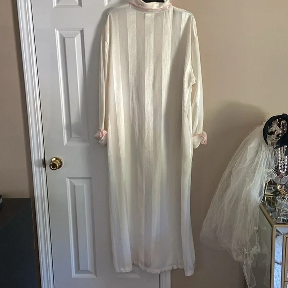 Vintage Keyloun Cream And Pink Long Satin Striped House Coat Robe Duster Buttons